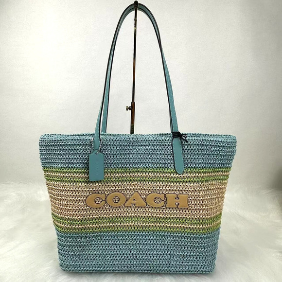 COACH City Tote Bag In Straw/Light Turquoise Multi CBG87 NWT - Picture 1 of 6